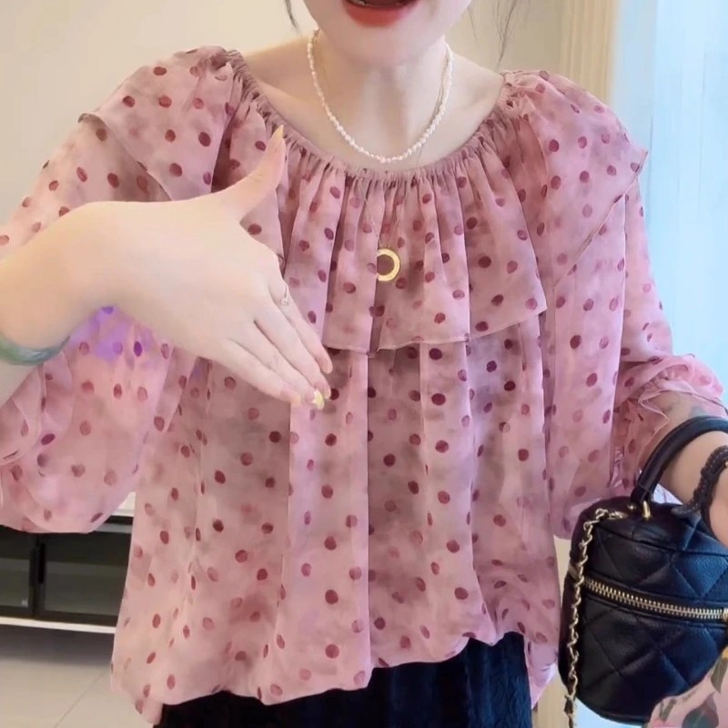 高级感波点雪纺衬衫女2025夏季新款宽松减龄洋气印花小衫气质上衣