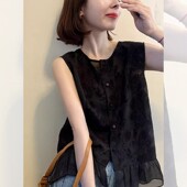 2025夏季 欧洲站黑色圆领提花无袖 荷叶边小衫 减龄百搭通勤气质上衣