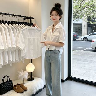 白色polo领短袖衬衫女夏上衣2026新款开衫透气小个子短款防晒衬衣