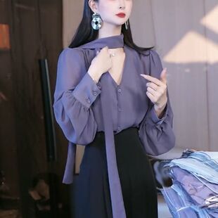 法式气质v领飘带长袖衬衫女2026春季新款高级感温柔紫色百搭上衣
