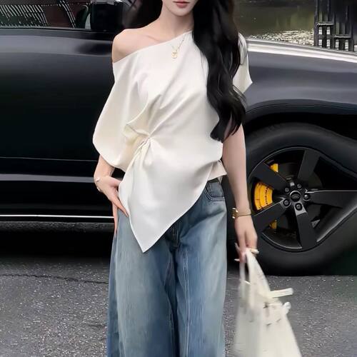 法式不规则斜肩短袖t恤女装2026夏季新款设计感小众修身显瘦上衣