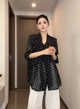 法式v领波点飘带长袖雪纺衬衫女春夏薄款微透高级感显瘦气质上衣