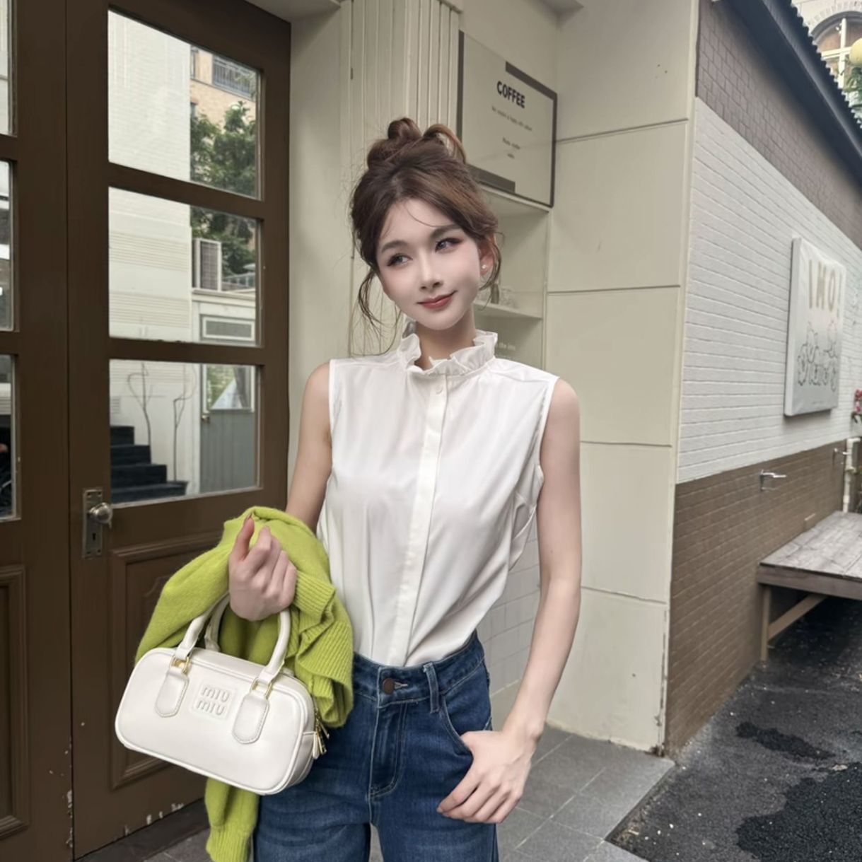 春秋新款韩版衬衫职业装背心无袖上衣百搭纯色秋季衬衣带领打底衫