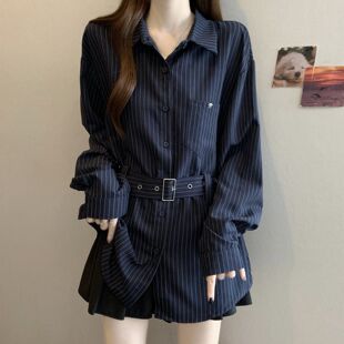 洋气衬衣大码 高级感轻奢2026新款 胖mm收腰显瘦上衣 女春季 条纹衬衫