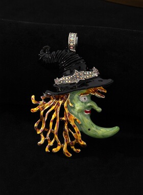 Vintage中古vinatge魔法巫婆吊坠个性珐琅镶钻项链磁吸黑帽月亮