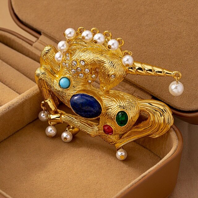vintage欧美时尚中古独角兽胸针青金石胸针胸花复古珍珠