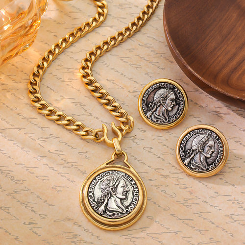 Vintage中古vintage套装希腊雅典娜浮雕古币设计复古项链耳钉