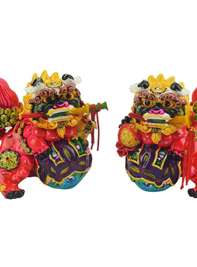 台湾交趾彩陶狮咬剑摆件一对狮子家居装饰工艺品