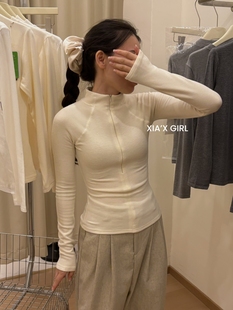 美式 CHARM 半高领拉链德绒打底衫 女内搭修身 T恤上衣 FULL 长袖