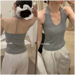 挂脖U领一根带美背女自带杯垫螺纹棉纯色吊带背心 CHARM FULL