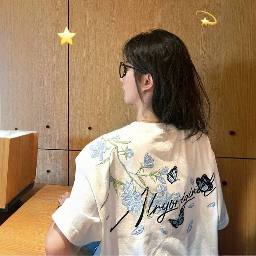 美式高街刺绣短袖t恤男女夏季半袖潮牌复古宽松设计感小众情侣装
