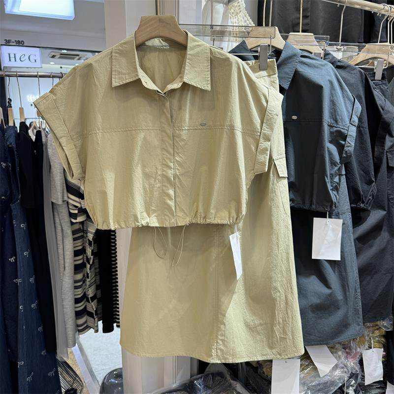 时尚套装女2024年短款衬衫外套上衣+中长款工装半身A字裙子两件套