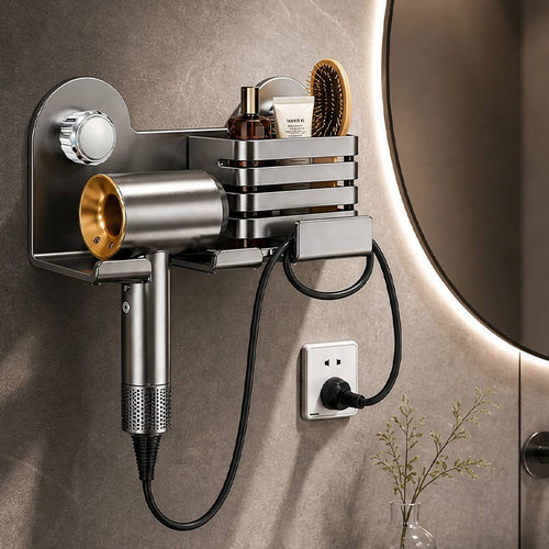 No Drill Hair Dryer Holder Bathroom Wall Mount Rack