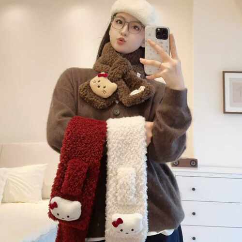 Winter Plush Scarf Women Hello Kitty Cross Neck Warmer
