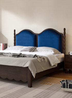 全实木床黑胡桃木蓝色软靠背包1米8双人主卧1米5法式复古中古风床