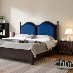 全实木床黑胡桃木蓝色软靠背包1米8双人主卧1米5法式复古中古风床