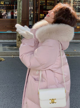 河南台前羽绒真狐狸大毛领羽绒服女2025新款连帽加厚中长款白鸭绒