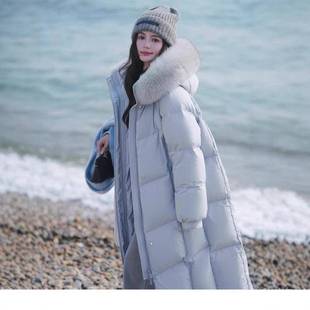 河南台前羽绒2025年冬网红同款黑金Plus90鹅绒蓝色大毛领加长款加