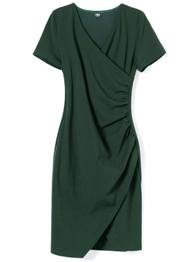 连衣裙女夏2024新款高端V领收腰显瘦气质包臀高级感绿色中长款裙