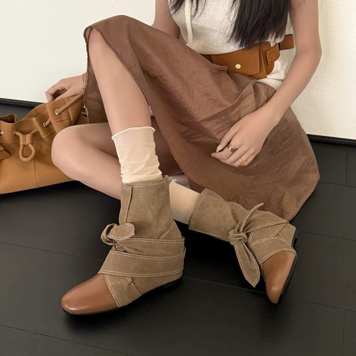羊皮版~复古蝴蝶结圆头马丁靴平底短靴女切尔西靴子内增高西部靴