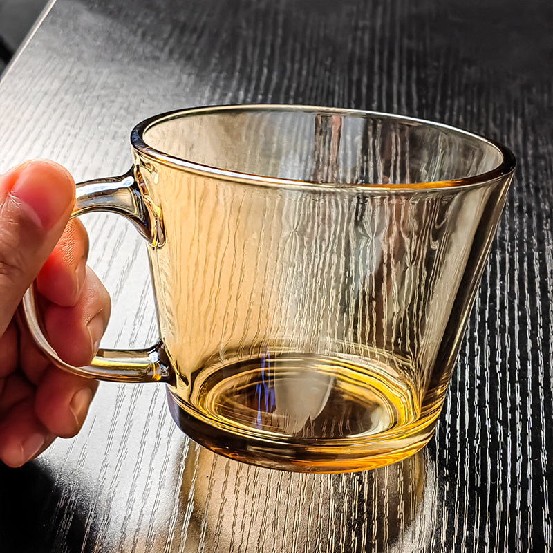琥珀色水晶玻璃杯水杯茶杯马克早餐杯子带把耐高温茶色2026新款大图片