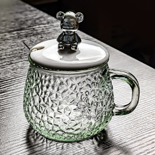 小熊带盖玻璃杯水杯茶杯咖啡杯子有盖耐高温轻奢高级感带把手高档