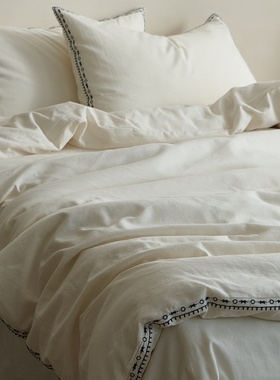 简约棉麻四件套法式纯色刺绣小清新被套白色床单亲肤透气床上用品