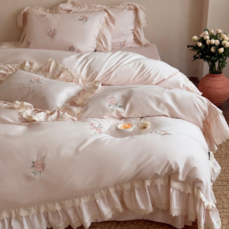 少女心秋冬全棉磨毛加厚四件套浪漫花卉刺绣蕾丝花边1.8m床上用品