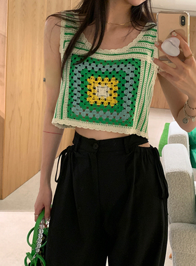 鲸鱼和玖吊带背心女内搭毛线衣镂空绿色短款上衣夏季新款凉爽外穿