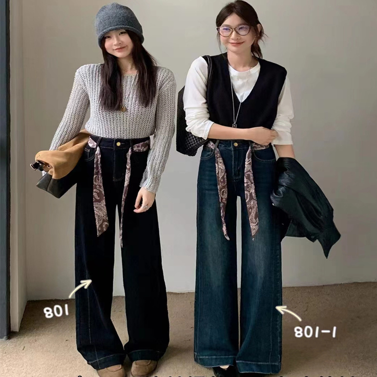 2025秋弹力蓝色牛仔长裤直筒显瘦