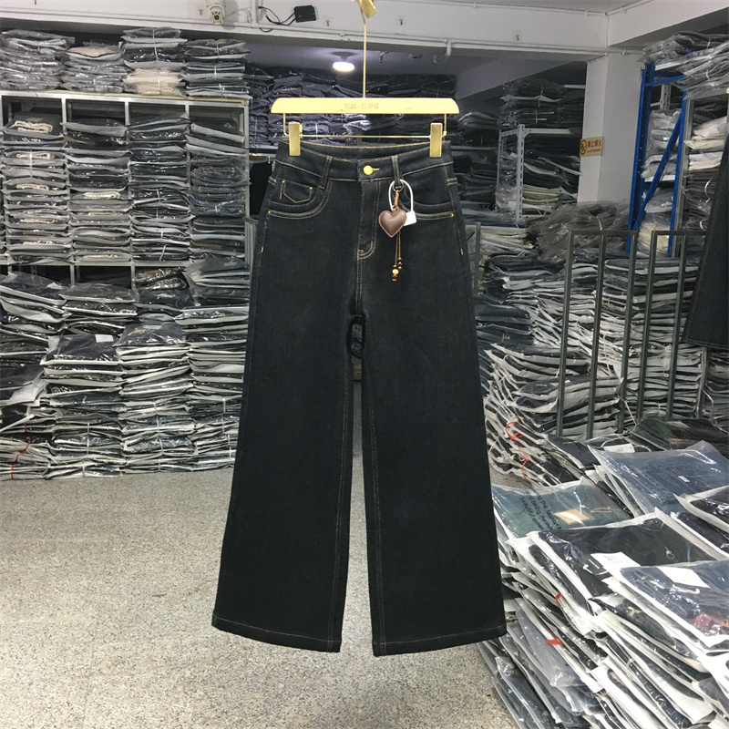 2025冬加绒牛仔直筒阔腿裤女长裤
