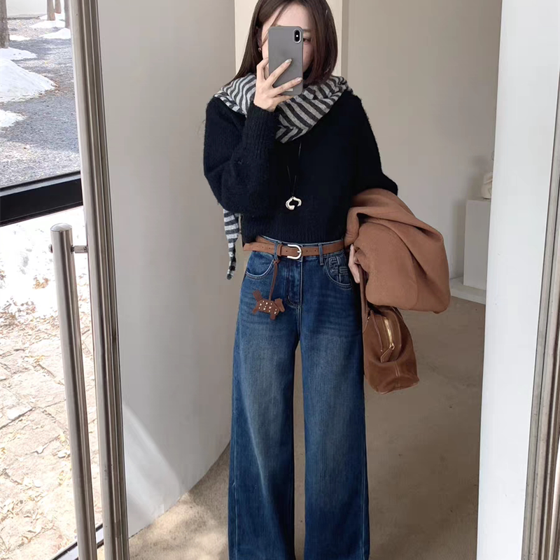 2025冬植绒蓝色牛仔阔腿裤宽松长
