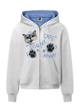 ARAR01原创“俏皮猫咪”蓝色格子设计拉链卫衣印花秋宽松连帽男女