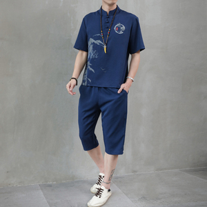 H1687P45夏季冰丝短袖男唐装套装男风汉服两件套中裤工作服图片