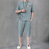 H1687P45夏季冰丝短袖男唐装套装男风汉服两件套中裤工作服，男装民族服装，星座1010A-2