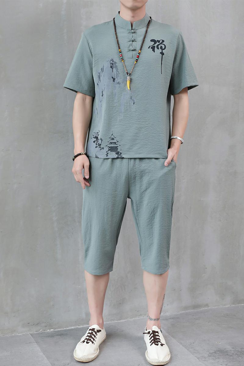 夏季新款男士唐装t恤汉服冰丝套装中裤风短袖衣服男H1689P45,男装休闲套装,星座1010A-2