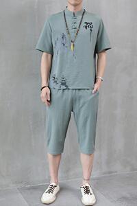 夏季新款男士唐装t恤汉服冰丝套装中裤风短袖衣服男H1689P45图片