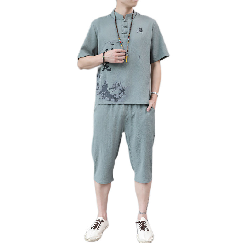 夏季冰丝短袖T恤套装男夏装休闲风套装唐装汉服男装HP45,男装休闲套装,星座1010A-2