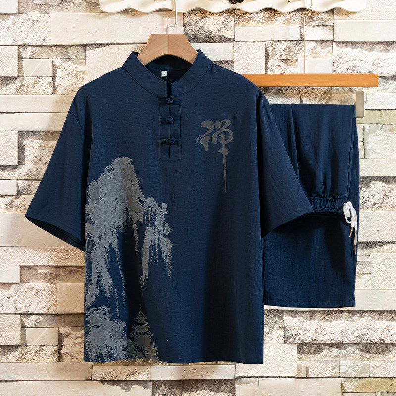 夏季风冰丝套装男休闲短袖t恤男装古风衣服唐装汉服H1689P45,男装休闲套装,星座1010A-2
