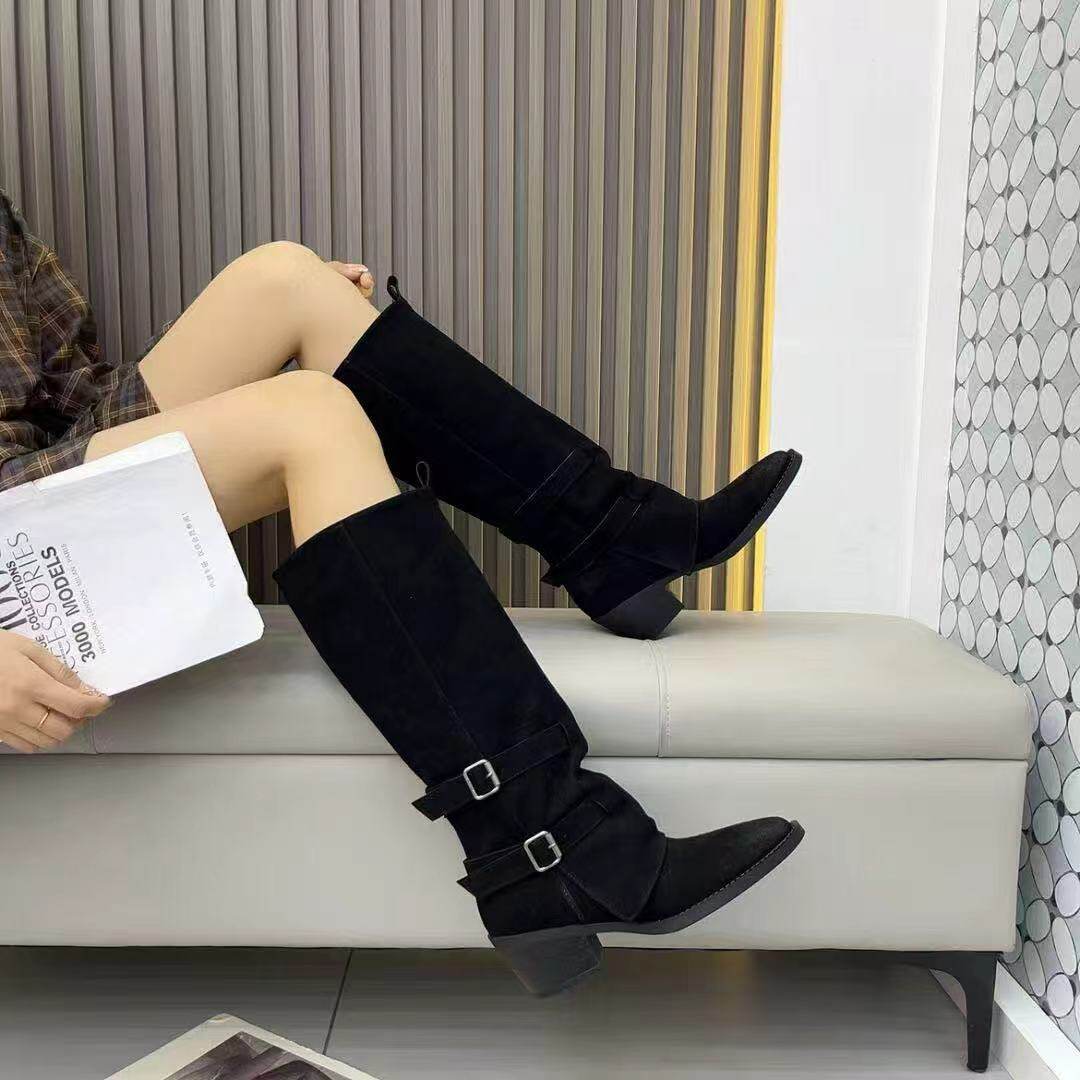 2025秋冬新款真皮尖头粗跟高跟靴真皮骑士靴女膝下靴翻毛皮高筒靴