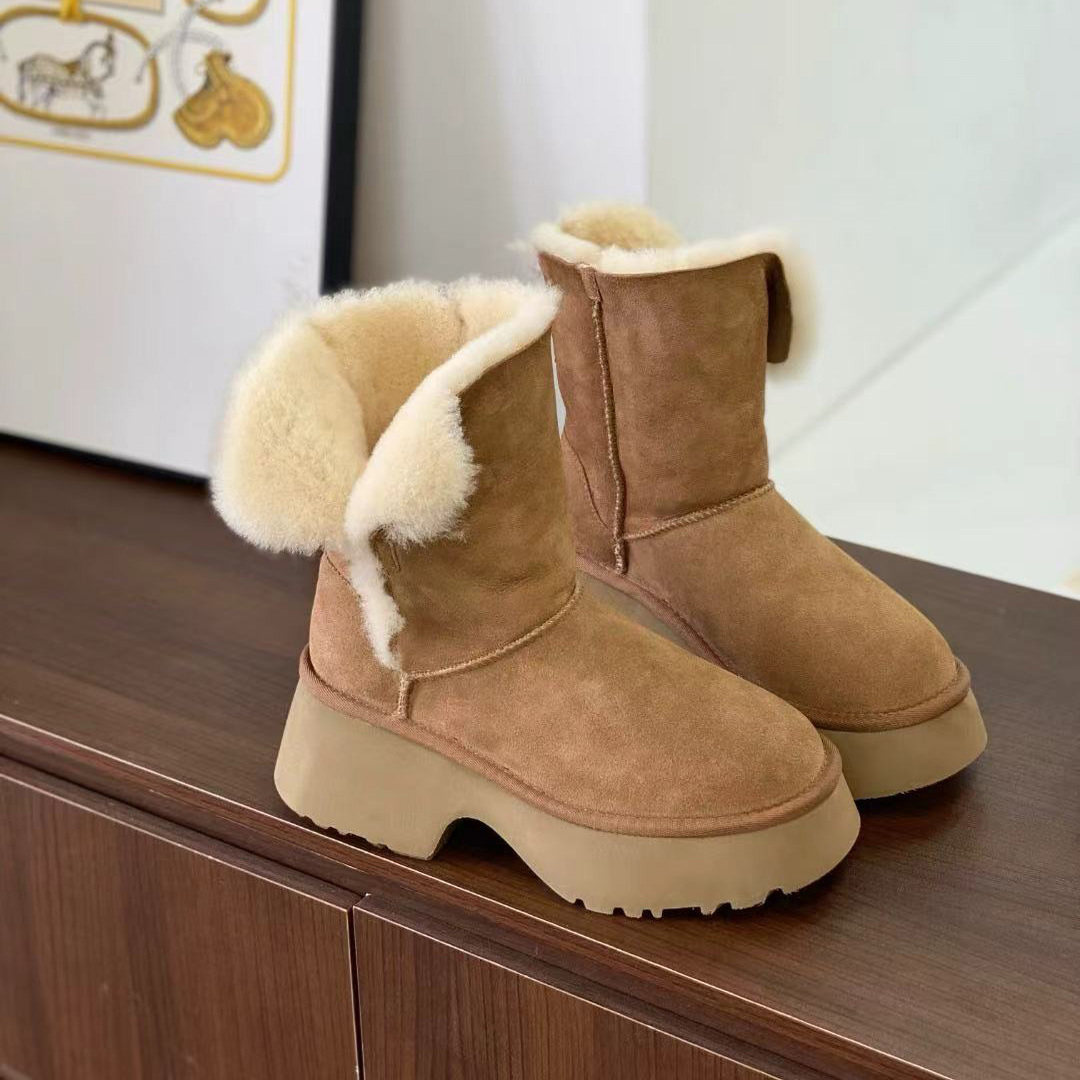 韩版毛绒雪地靴女冬季厚底加绒保暖中筒靴皮毛一体棉靴东北大棉靴
