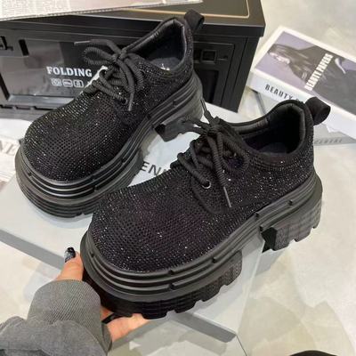 春新款水钻厚底德比鞋女休闲系带圆头单鞋百搭闪亮浅口乐福鞋增高