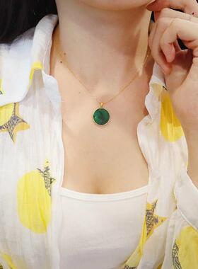 帝王绿色翡翠阳绿圆牌吊坠翡翠干青玉吊坠新中式国风女款锁骨链