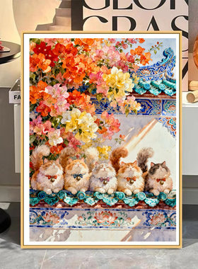 原创版权五福临门青花瓷国风猫咪十字绣套件家居装饰画2026新款画