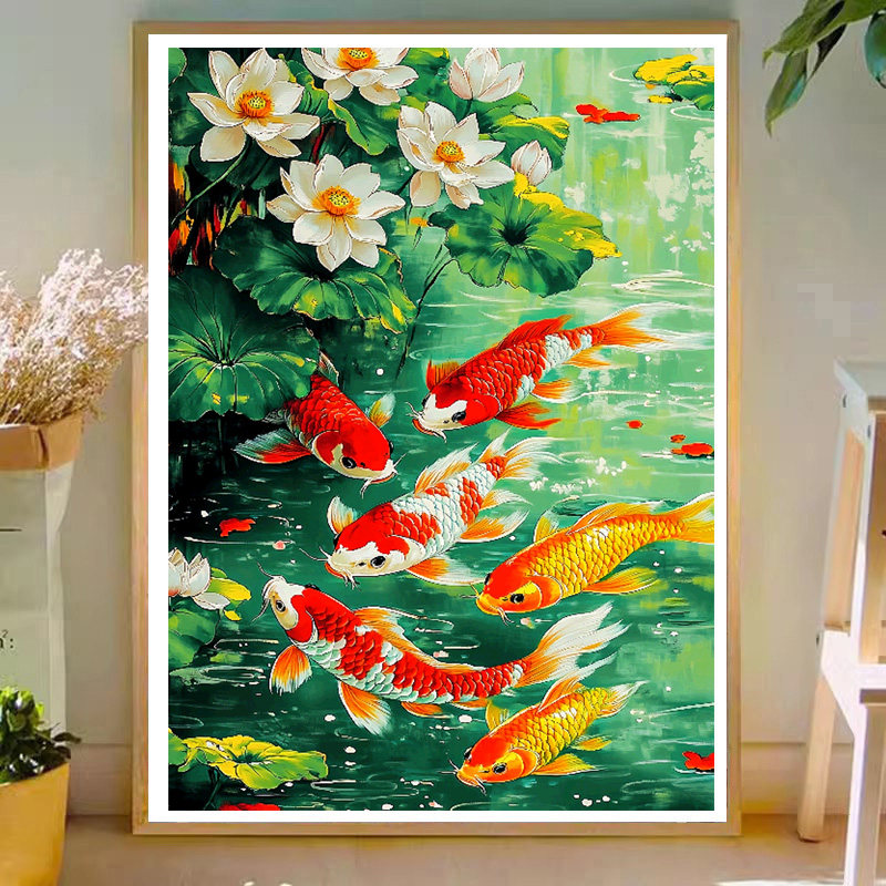 原创版权大红锦鲤荷花十字绣客厅装饰画高级中国风吉祥如意自己绣