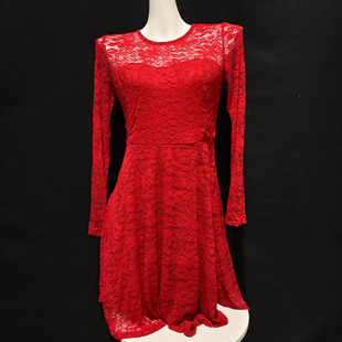性感蕾丝薄款透视红色长袖连衣裙修身侧边拉链居家睡裙夜店礼服