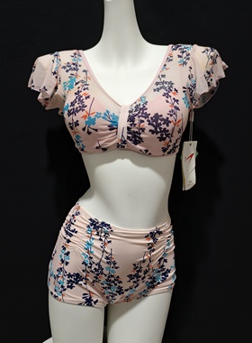 夏季性感印花比基尼辣妹小胸显大带钢圈聚拢分体泳衣海边度假游泳