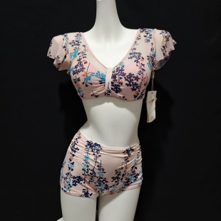 夏季性感印花比基尼辣妹小胸显大带钢圈聚拢分体泳衣海边度假游泳