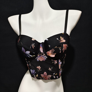 欧美性感大胸鱼骨胸衣复古印花薄款透视带钢圈聚拢美背文胸一体杯