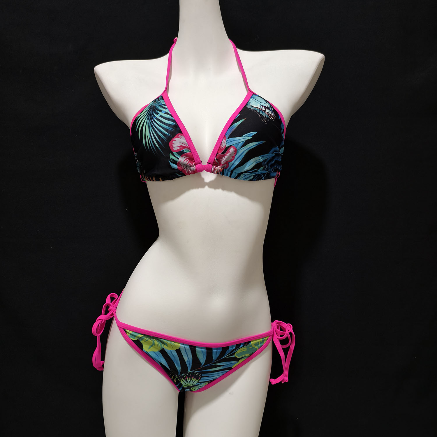 性感印花拼色绑带比基尼辣妹海边度假游泳露背挂脖三点式分体泳衣